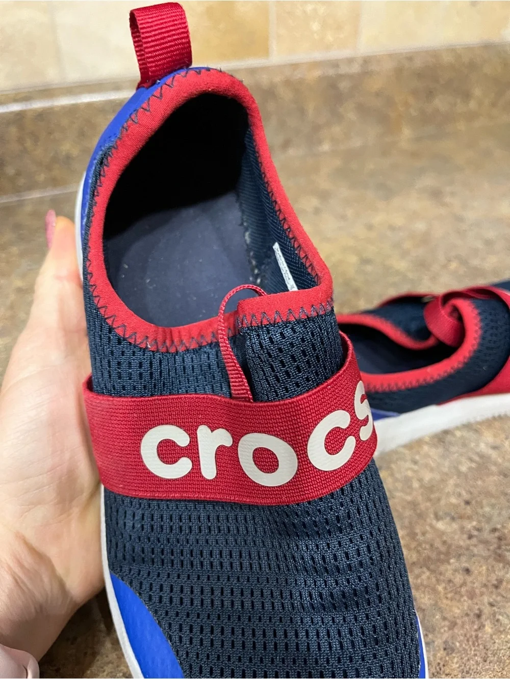 Crocs LiteRide Modform Kids J3 Slip On Sneakers Navy Blue Red Sport